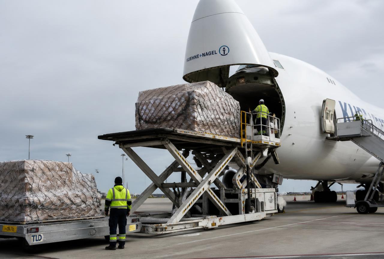 Air cargo pallets loaded into a freighter aircraft