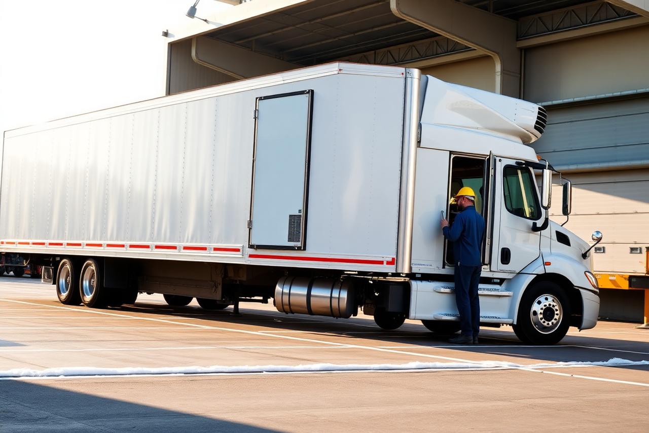 Refrigerated truck at a loading dock with temperature monitoring equipment