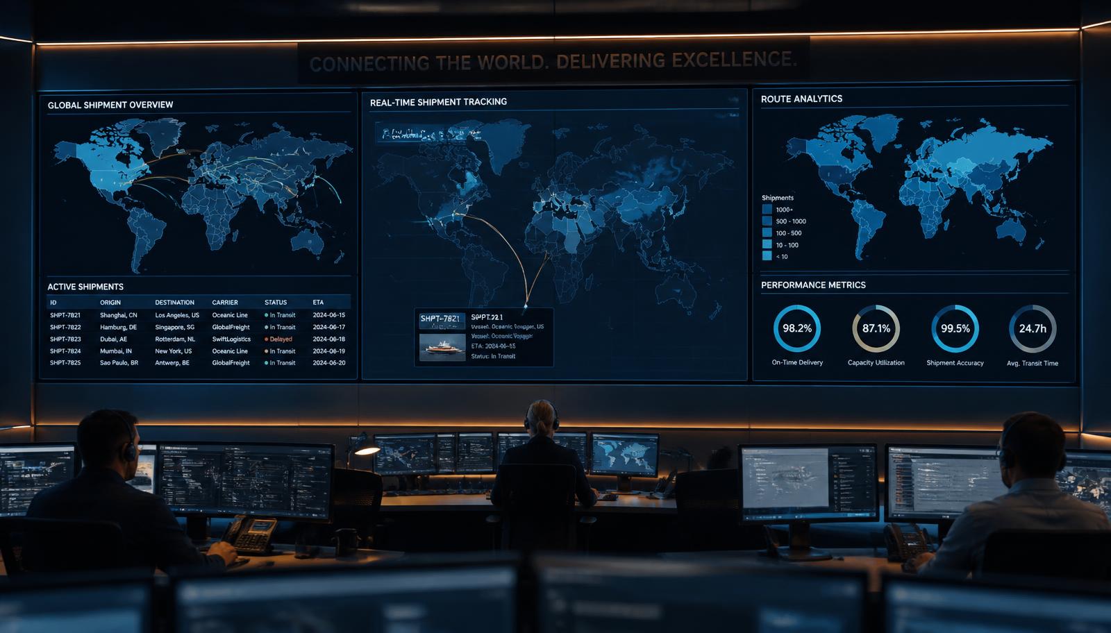Logistics control room with operators monitoring global shipment tracking screens