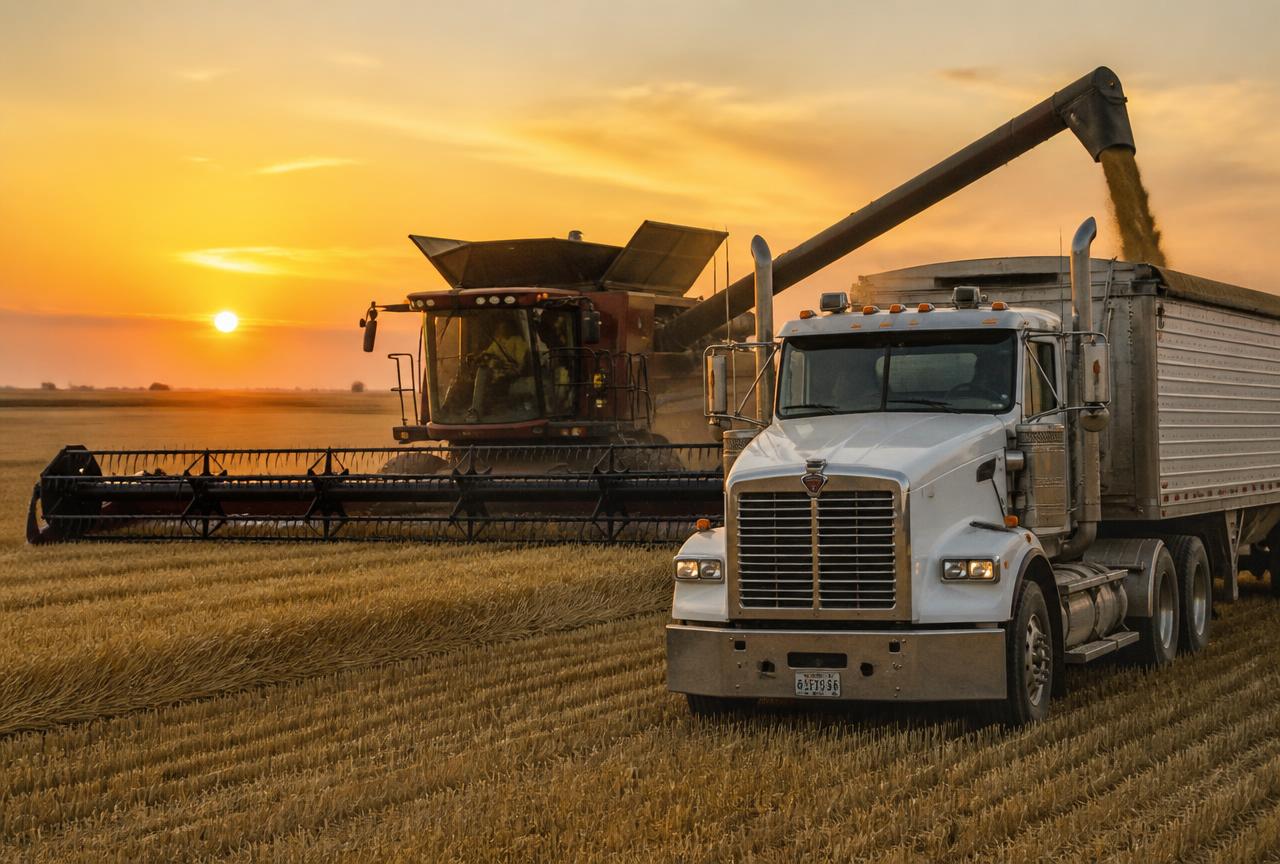 Combine harvester unloading grain into a truck at sunset