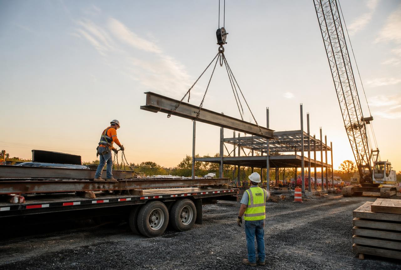 Crane lifting a steel beam from a flatbed trailer at a construction site