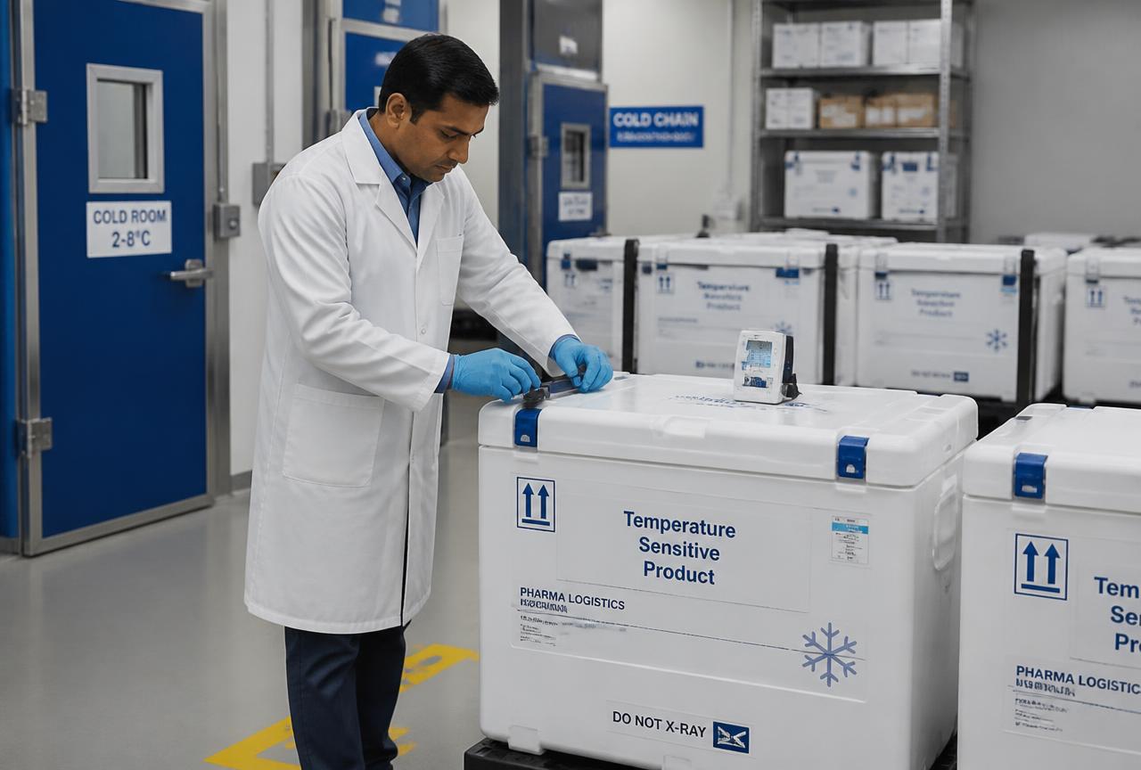 Technician inspecting temperature-controlled pharmaceutical shipping containers