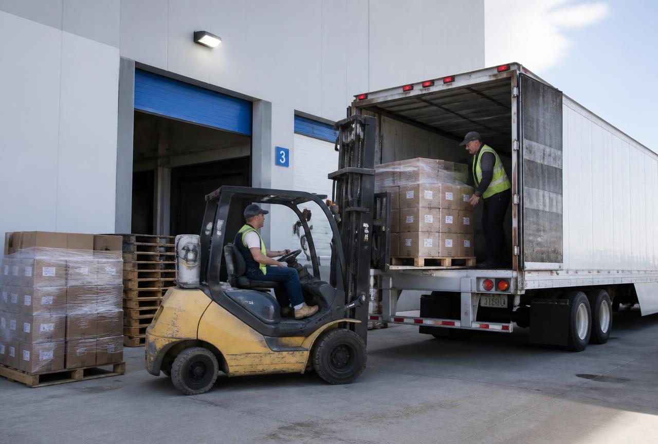Forklift loading palletized finished goods into a trailer at a manufacturing dock