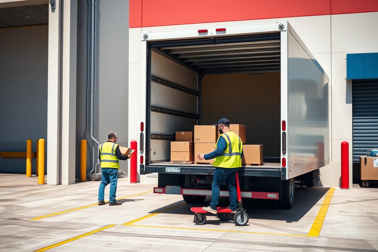 Delivery truck being loaded with boxed retail merchandise at a distribution center dock