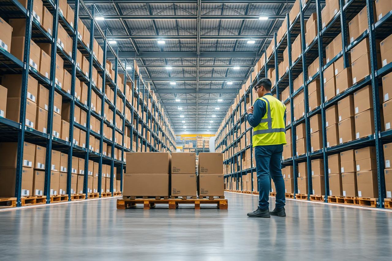 Warehouse worker scanning pallets of consumer electronics and IT equipment in a secure distribution center