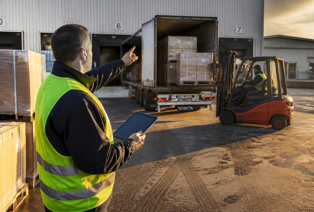 Supervisor with a tablet directing a trailer being loaded at a dock