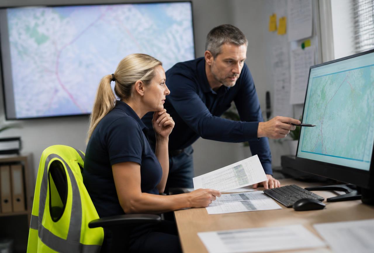 Two planners reviewing routing maps and shipping schedules on screen