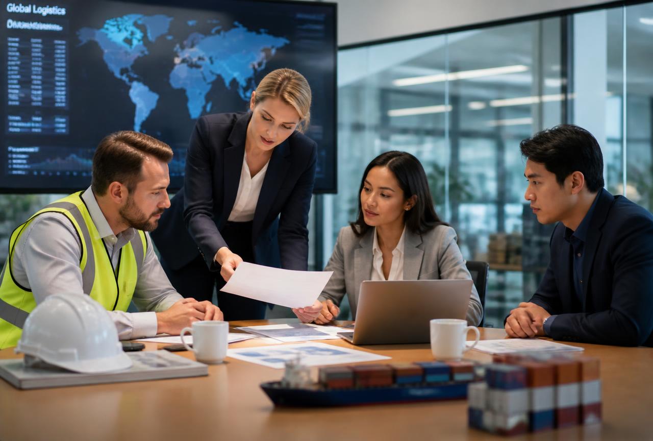 Logistics team reviewing shipping documents in front of a global tracking screen